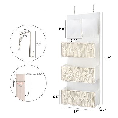 Boho Macrame Over-Door Organizer 3 Large Woven Pockets Hanging Storage for Bedroom Bathroom Pantry