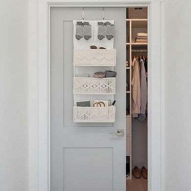 Boho Macrame Over-Door Organizer 3 Large Woven Pockets Hanging Storage for Bedroom Bathroom Pantry
