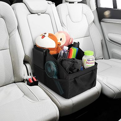 Car Organizer Front Seat 2 Compartments 9 Mesh Pockets 600D Oxford Foldable Tote w/ Handles