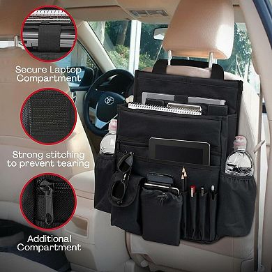 Car Seat Organizer Large Laptop Tablet Storage Stable Straps Padded Comfort Durable 600D Polyester