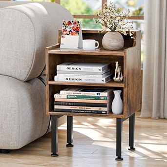 Modern Nightstand Open Shelves Wood Metal Bedside Table for Bedroom Living Room