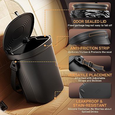 Leakproof Silicone Car Trash Can 2 Gallon with Lid Adjustable Straps