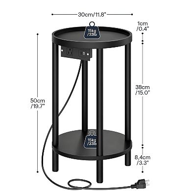 Small Round Side Table with Charging Station 2-Tier Compact Bedside Table for Living Bedroom
