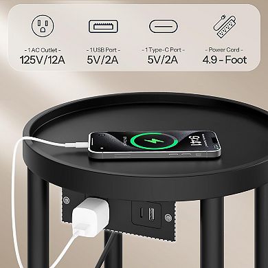 Small Round Side Table with Charging Station 2-Tier Compact Bedside Table for Living Bedroom