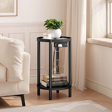 Small Round Side Table with Charging Station 2-Tier Compact Bedside Table for Living Bedroom