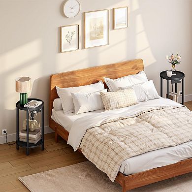 Small Round Side Table with Charging Station 2-Tier Compact Bedside Table for Living Bedroom