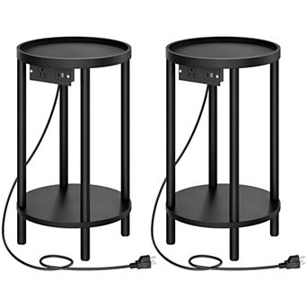 Small Round Side Table with Charging Station 2 tier Compact Bedside Table for Living Bedroom