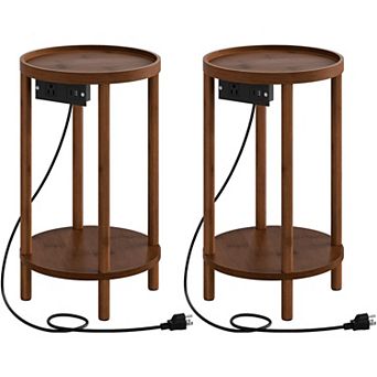 Small Round Side Table with Charging Station 2 tier Compact Bedside Table for Living Bedroom