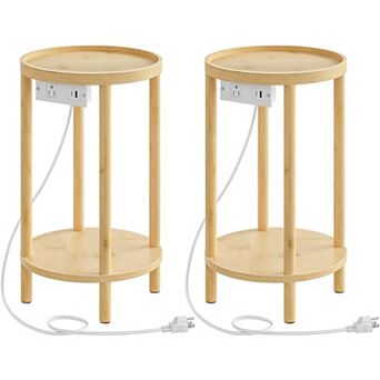 Small Round Side Table with Charging Station 2 tier Compact Bedside Table for Living Bedroom