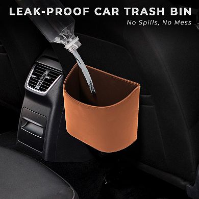 Leather Car Trash Can Leakproof Easy Clean 60 Liners Secure Hook Compact 0.75 Gal Capacity