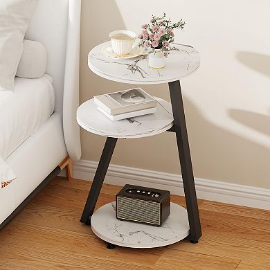 3 Tier Round End Table Metal Frame Rustic Brown Accent Table for Living Room Bedroom