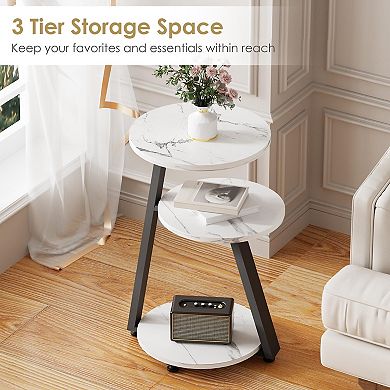 3 Tier Round End Table Metal Frame Rustic Brown Accent Table for Living Room Bedroom