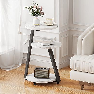 3 Tier Round End Table Metal Frame Rustic Brown Accent Table for Living Room Bedroom