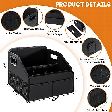 Car Storage Organizer Reinforced Dividable Leather Basket 8 Compartments Adjustable Strap Buckles