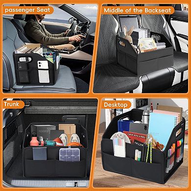Car Storage Organizer Reinforced Dividable Leather Basket 8 Compartments Adjustable Strap Buckles