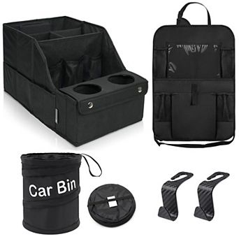 5-in-1 Car Organizer Set with Trash Can Headrest Hooks for SUV Truck Sedan