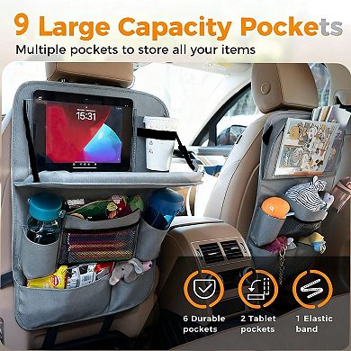 Backseat Car Organizer With Tray Foldable Tablet Holder 9 Pockets Waterproof Seat Protector 2 Pack