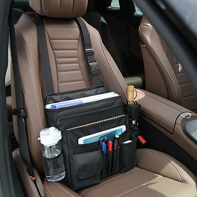 Car Front Seat Organizer: Multi-Compartment Storage, Cup Holder, Adjustable Strap for Truck Van