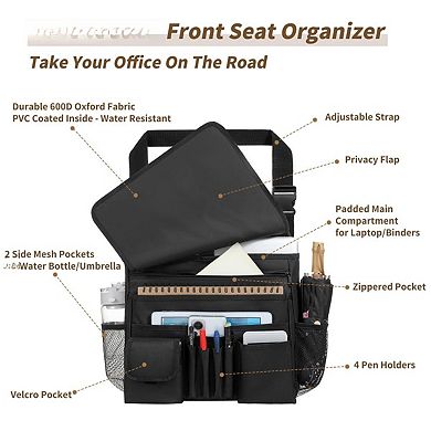 Car Front Seat Organizer: Multi-Compartment Storage, Cup Holder, Adjustable Strap for Truck Van