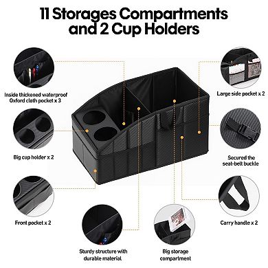 Car Seat Organizer PU Leather 11 Compartments 2 Cup Holders Front Backseat Storage