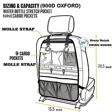 Car Seat Organizer Heavy Duty Multiple Pockets Universal Fit Anti Swing 900D Oxford