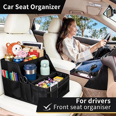 Car Seat Organizer (Front/Backseat) Foldable, 9 Compartments, 2 Cup Holders Sturdy, Non-Slip