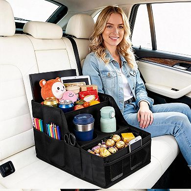 Car Seat Organizer (Front/Backseat) Foldable, 9 Compartments, 2 Cup Holders Sturdy, Non-Slip