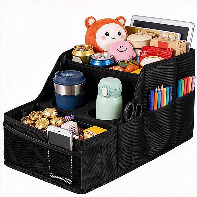 Car Seat Organizer (Front/Backseat) Foldable, 9 Compartments, 2 Cup Holders Sturdy, Non-Slip