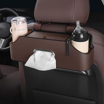 Multifunctional Car Headrest Storage Box: Cup Holder, Tissue Hook, Partition Design Travel Organizer