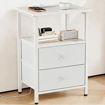 Nightstand With Charging Station Bedside End Table 2 Fabric Drawers Open Shelves Sturdy Compact