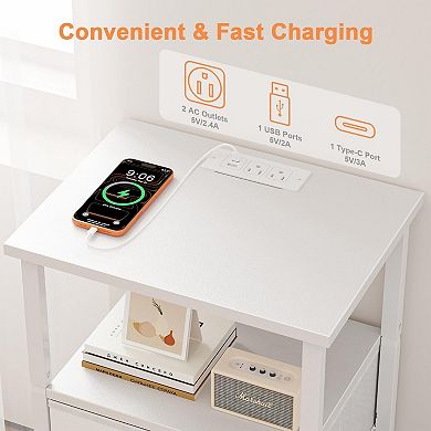 Nightstand With Charging Station Bedside End Table 2 Fabric Drawers Open Shelves Sturdy Compact
