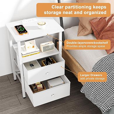 Nightstand With Charging Station Bedside End Table 2 Fabric Drawers Open Shelves Sturdy Compact