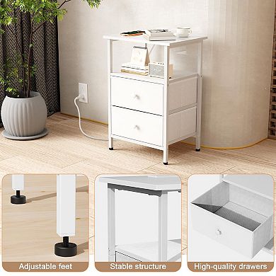Nightstand With Charging Station Bedside End Table 2 Fabric Drawers Open Shelves Sturdy Compact