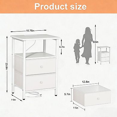 Nightstand With Charging Station Bedside End Table 2 Fabric Drawers Open Shelves Sturdy Compact