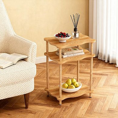 3-tier Solid Wood Side Table Space-saving, Tool-free Assembly Nightstand for Bedroom Living Room