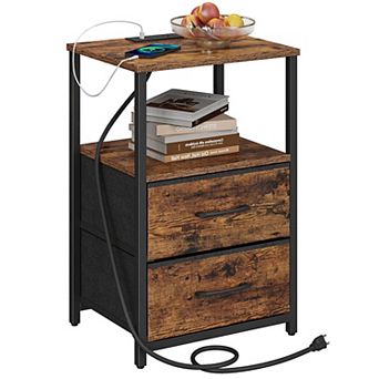 End Table Night Stand with Open Shelves Fabric Drawers for Living Room Bedroom