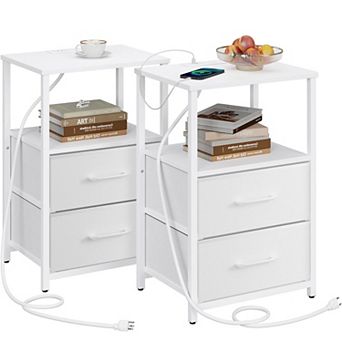 End Table Night Stand with Open Shelves Fabric Drawers for Living Room Bedroom