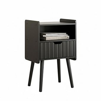 Fluted Nightstand Modern Wood Side Table with Storage Drawer Open Shelf for Bedroom Living Room