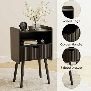 Fluted Nightstand Modern Wood Side Table with Storage Drawer Open Shelf for Bedroom Living Room