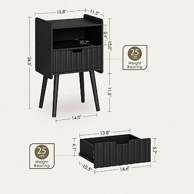 Fluted Nightstand Modern Wood Side Table with Storage Drawer Open Shelf for Bedroom Living Room