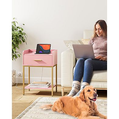 Modern Nightstand with Charging Station, Drawer & Open Shelf Narrow Bedside Table for Bedroom