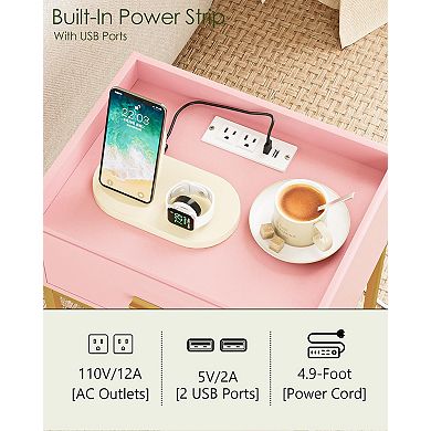 Modern Nightstand with Charging Station, Drawer & Open Shelf Narrow Bedside Table for Bedroom