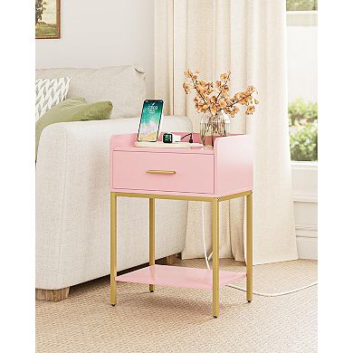 Modern Nightstand with Charging Station, Drawer & Open Shelf Narrow Bedside Table for Bedroom