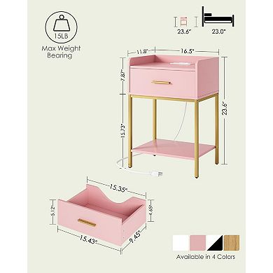 Modern Nightstand with Charging Station, Drawer & Open Shelf Narrow Bedside Table for Bedroom