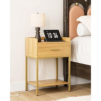 Modern Nightstand with Charging Station, Drawer & Open Shelf Narrow Bedside Table for Bedroom