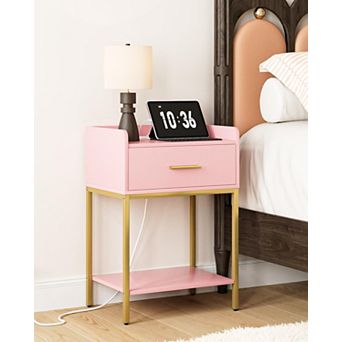 Modern Nightstand with Charging Station, Drawer & Open Shelf Narrow Bedside Table for Bedroom