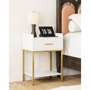 Modern Nightstand with Charging Station, Drawer & Open Shelf Narrow Bedside Table for Bedroom