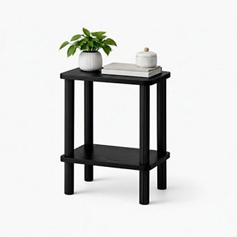 Nightstand Side Table 2 tier Real Wood Fluted Legs Storage Dark Brown Compact