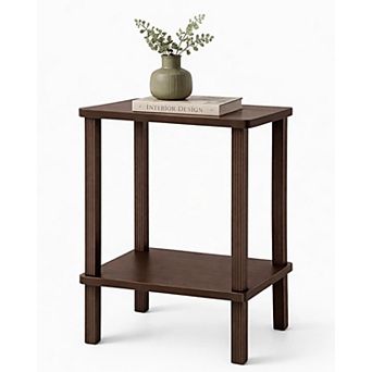 Nightstand Side Table 2 tier Real Wood Fluted Legs Storage Dark Brown Compact