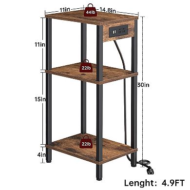3 Tier Side Table with Fast Charging Station Narrow Bedside Table for Living Room Bedroom Office